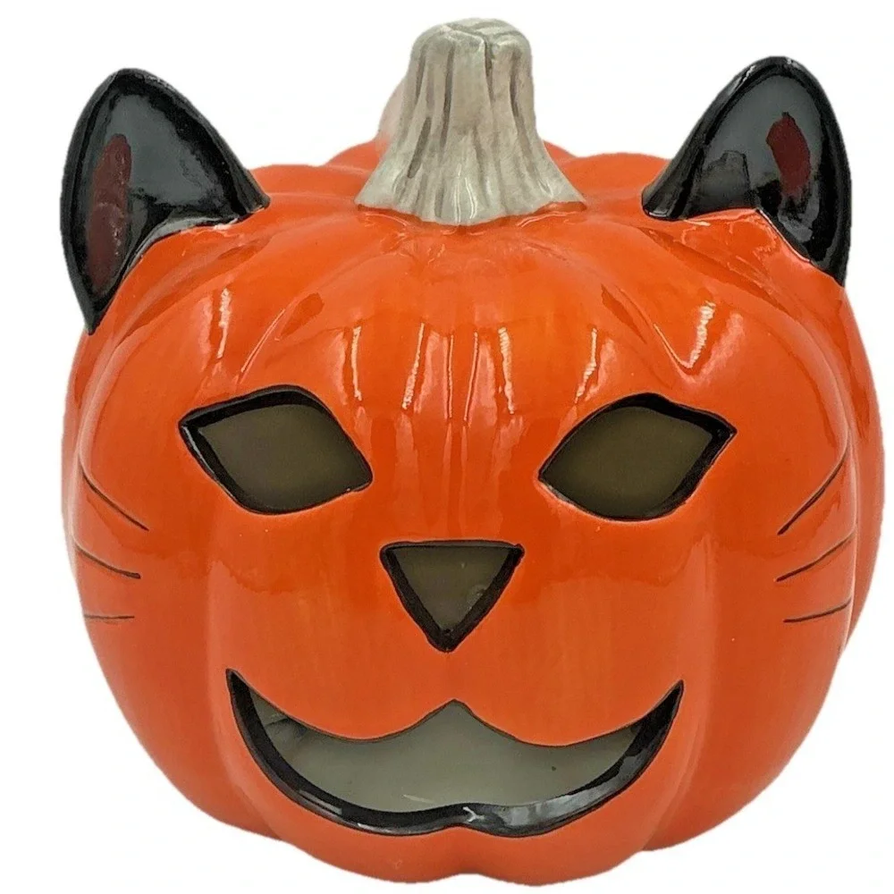 Cat Pumpkin Jack O Lantern Light Up Ceramic Halloween Decor Goblin & Ghoul